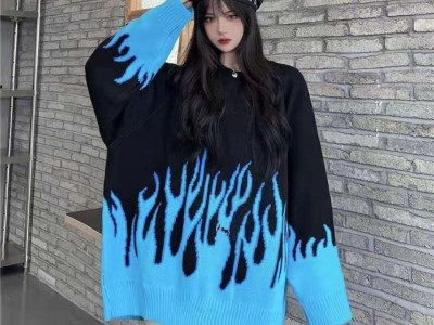 2021 spring new round neck loose sweater female flame jacquard sweater color matching loose ins net picture1