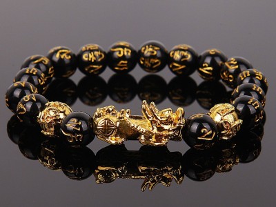 Feng Shui Obsidian Stone Beads Bracelet Men Women Unisex Wristband Gold Black Pixiu Wealth and Good picture1